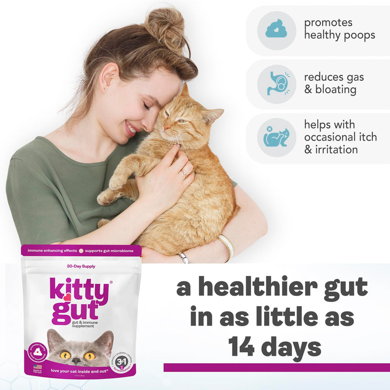 KittyGut 3-in-1 Organic Cat Probiotics & Postbiotic Supplement Powder- Made in USA-Probiotics for Cats Promote Gut Health and Cat Digestive Support, Diarrhea and Vomiting (60g) 60g