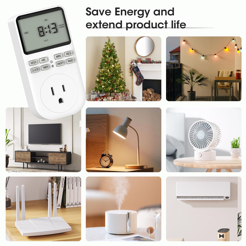 Plug in Digital Oulet Timer Switch 7 Day / 24 Hour Weekly Daily Programmable with Random Security Mode for Home Appliances and Indoor(125V,15A,1875W)