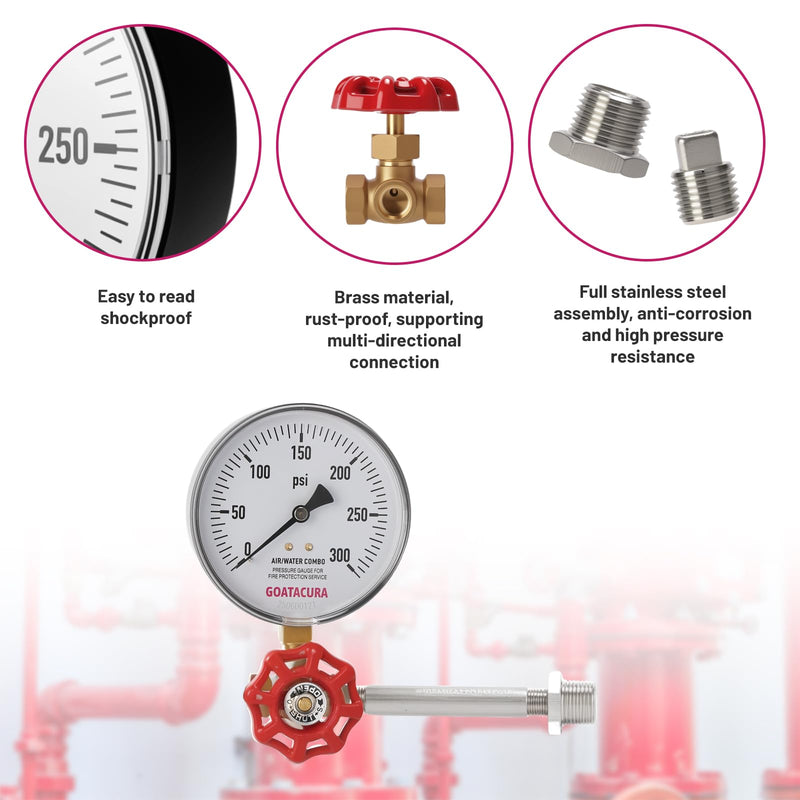 Air/Water Pressure Gauge Kit, 0 to 300psi Pressure Guage, 3-Way Valve, Stainless Steel Nipple, Plug and Reducer, for Fire Protection Service 0-300psi&3-Way Valve&Pipe Fittings