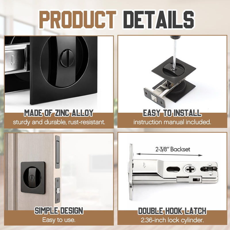 Hicarer 1 Set Pocket Door Privacy Lock with Edge Pull, 2-3/8" Backset, Stainless Steel, 2 Sided Recessed Knob, Pocket Door Hardware for 1-3/8" to 2-3/16" Bathroom & Sliding Doors (Square,Black) Black Square