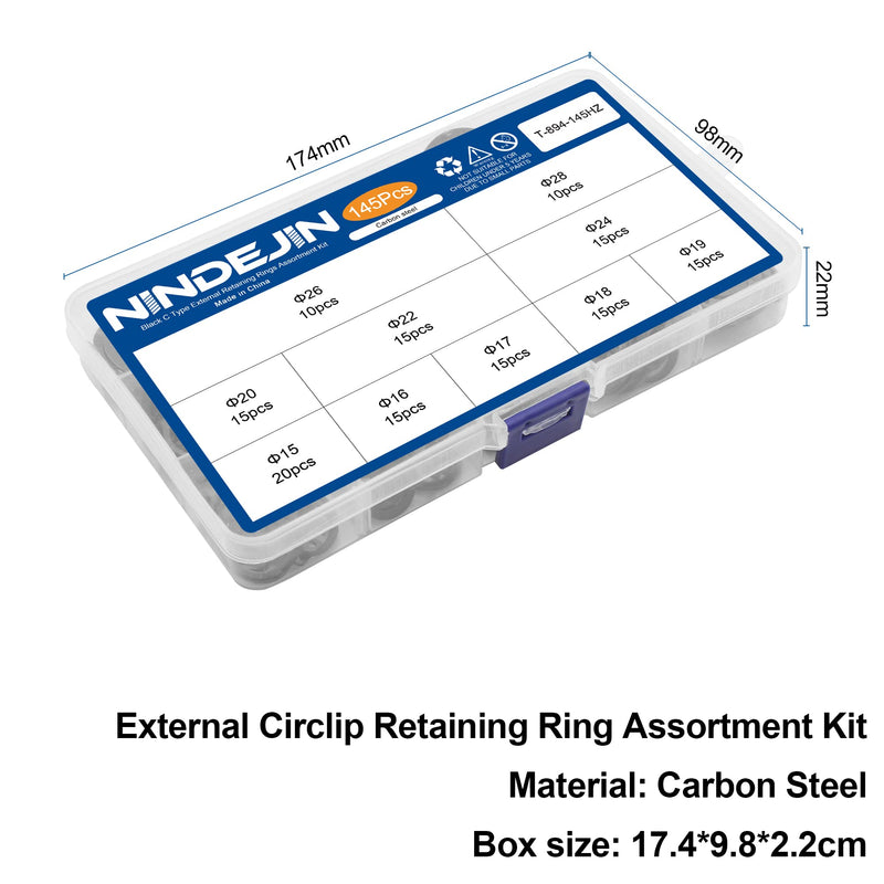 NINDEJIN Snap Ring Shop Assortment, 145PCS External Retaining Rings 15-28mm (0.59''-1.1'') Carbon Steel Snap Retaining C Clip Rings Kit for Grooved Shafts, Studs, and Other Moving Parts 145PCS (15-28mm)