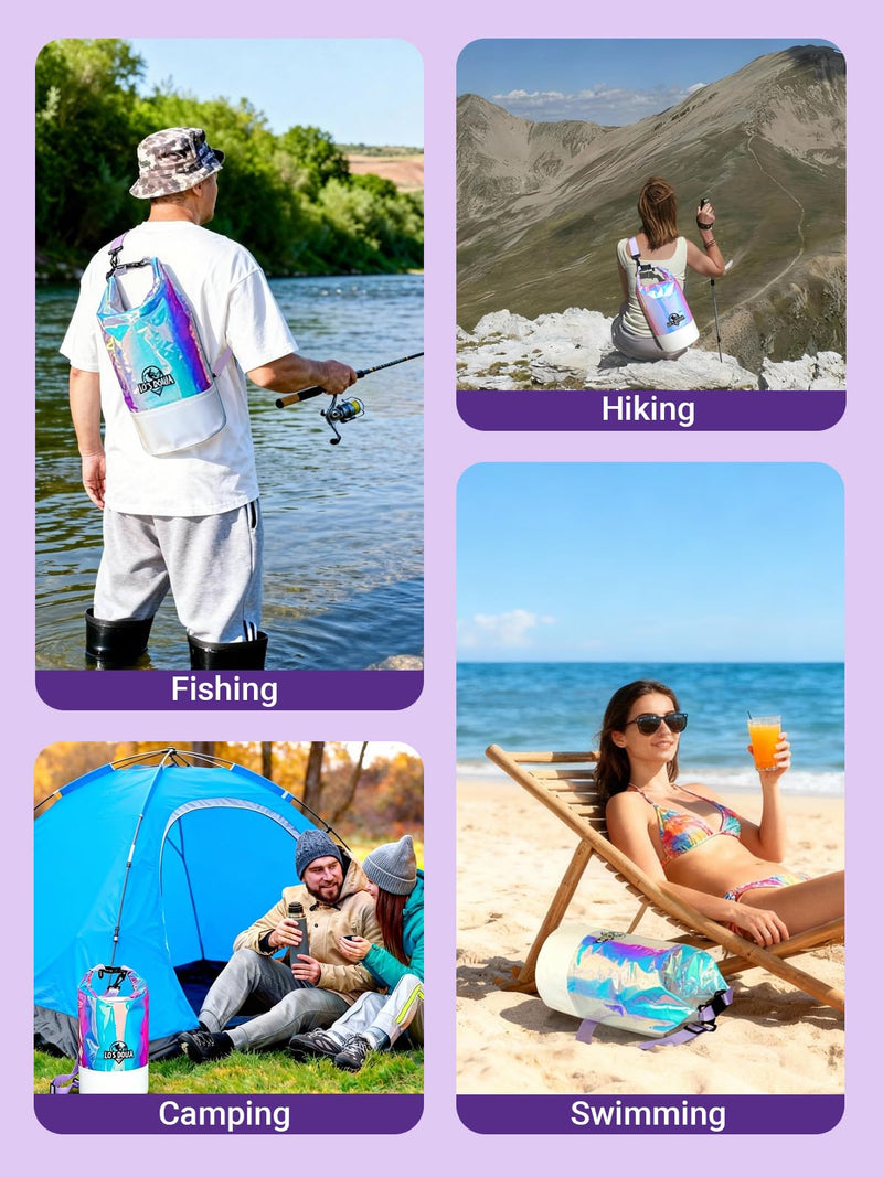 Lo's Douia Holographic Waterproof Dry Bags with Phone Case, Iridescent Design for Outdoor Adventures, Kayaking, Beach, Boating, and Camping, Keeps Gear Dry and Safe(20L) 20L