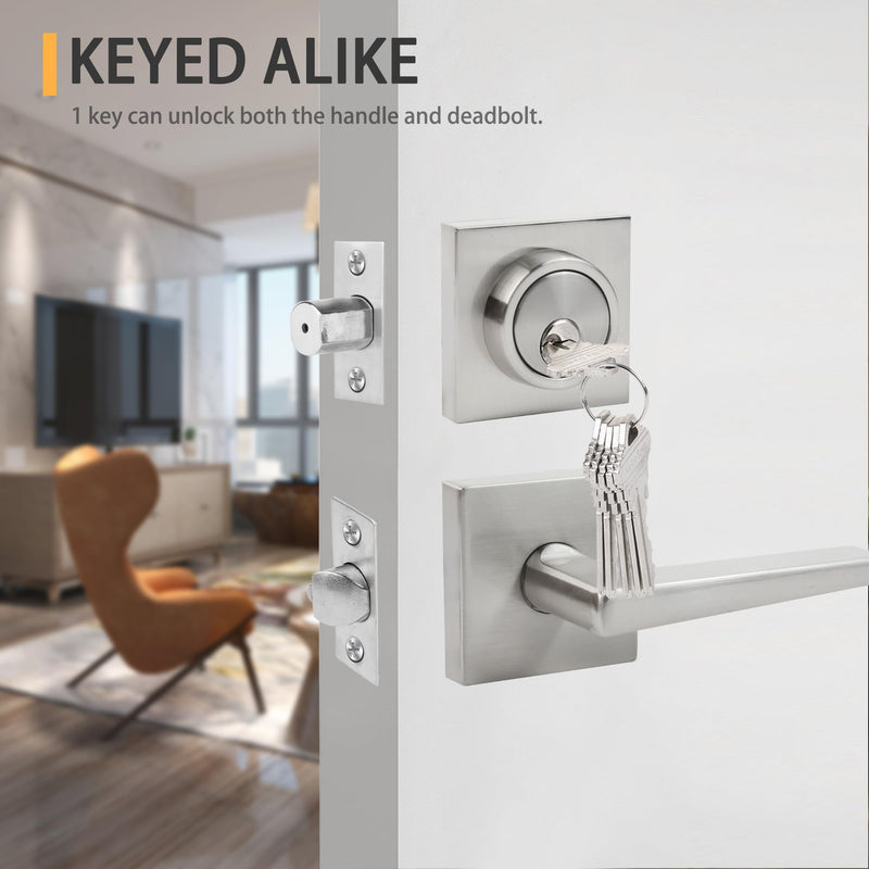 Front Door Lock sSet Front Door Handle and Deadbolt Set,Square Heavy Duty Exterior Door Knob with Deadbolt,Brushed Nickel,1pack 1pack-set Satin Nickel