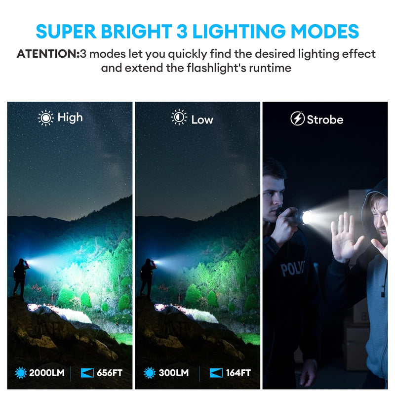 2 Pack Rechargeable Flashlights High Lumens, 2000mAh Battery Powered Super Bright LED Flashlight, USB C Handheld Metal Pocket Flashlight Small EDC Tactical Flash Light for Home Camping Fishing Hiking 2