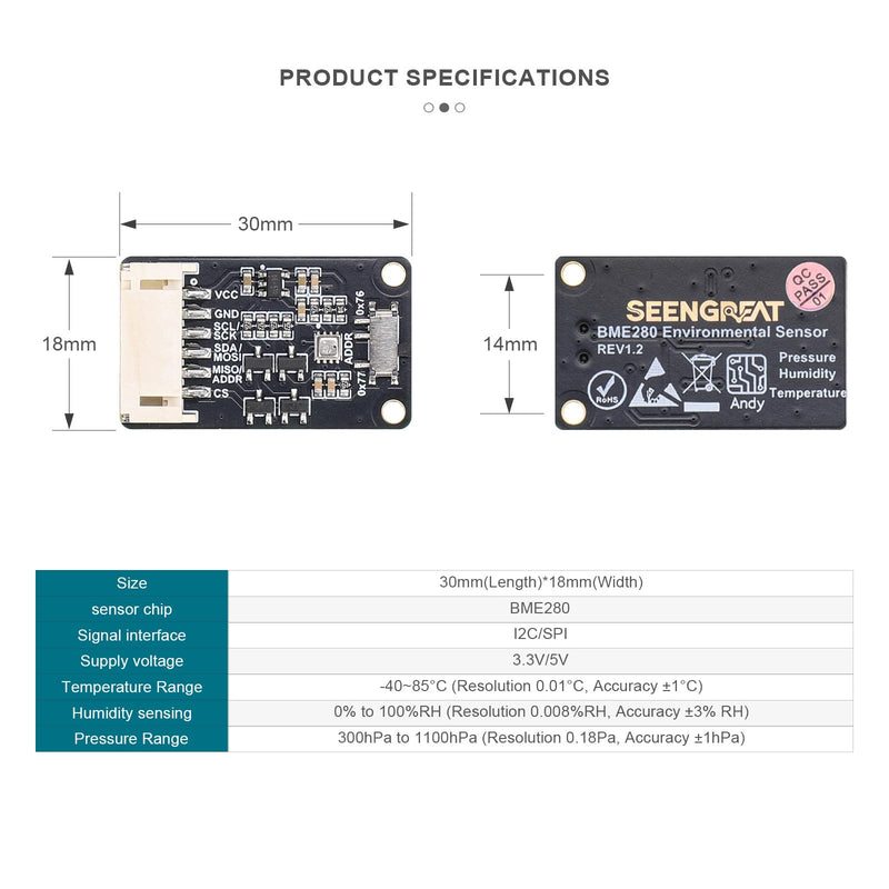 BME280 Environmental Sensor, Temperature Humidity Pressure Module, High Accuracy, I2C/SPI Interface,Compatible with Arduino/Raspberry Pi/STM32
