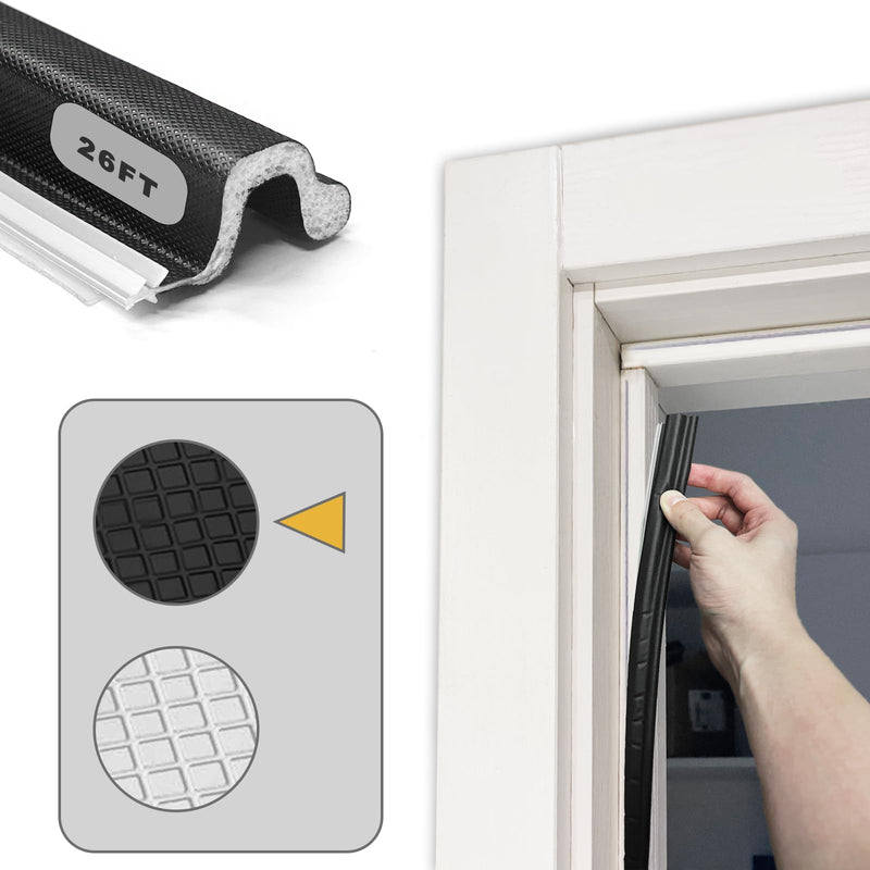26 FT Door Frame Extra Thick Kerf Non-Adhesive Weather Stripping Seal Strip PU Foam, PE Cover, Groove Slot Installation for Large Gap, Sound, Dust, Water Insulation (26ft, Black, Extra Thick Flanged) Extra Thick Flanged 26ft