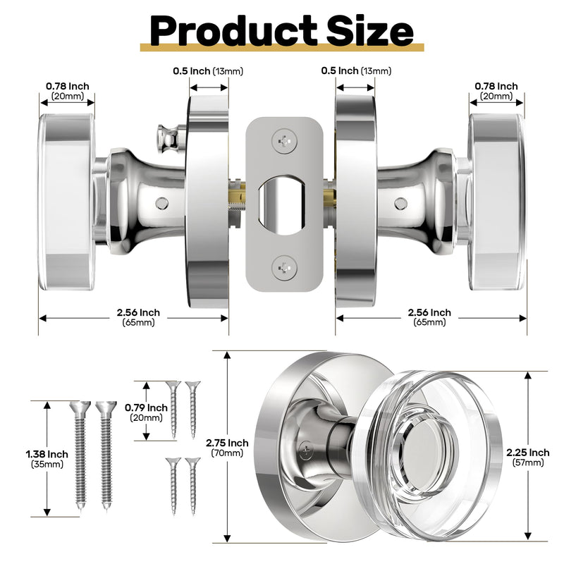 Crystal Door Knob Polished Chrome Interior Privacy Door Knobs Glass Interior Door Knob for Bedroom and Bathroom 1 Pack Privacy