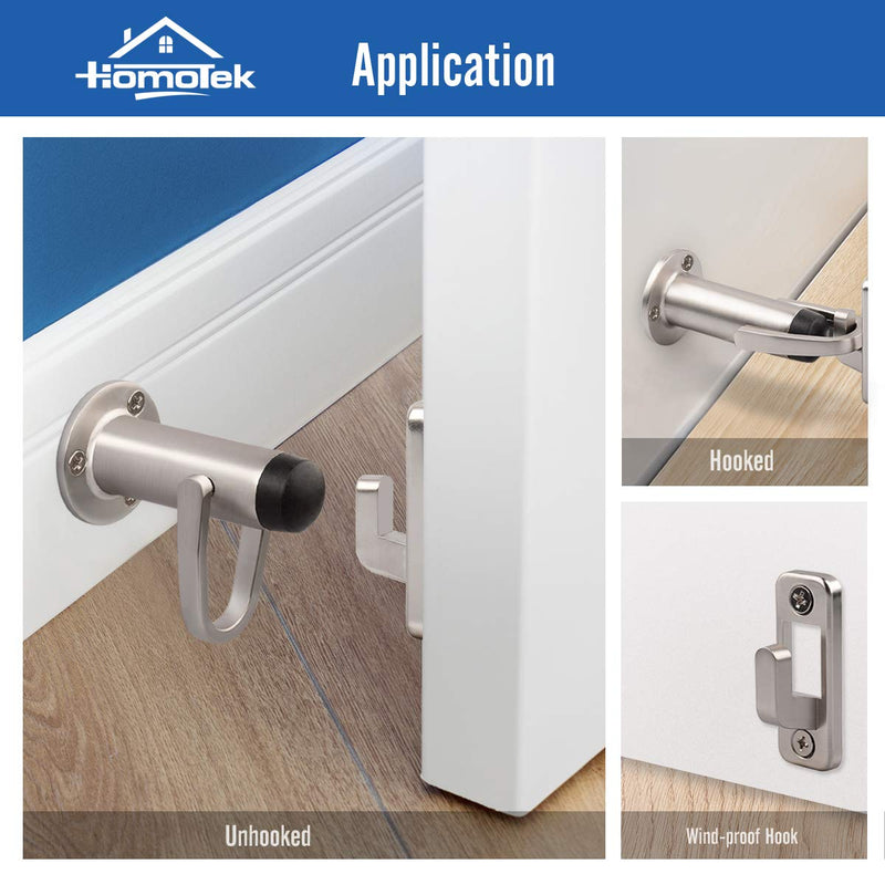 HOMOTEK Heavy Duty Latch Hook Stop Windproof,Door Holder Stopper with Sound Dampening Rubber Bumper Wall Mounted, Brushed Satin Nickel, 1 Pack