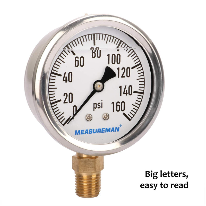 MEASUREMAN 2-1/2" Dial Size, Glycerin Filled Plumbing Pressure Gauge, 0-160psi, Stainless Steel Case, 1/4" NPT Lower Mount 0-160 psi