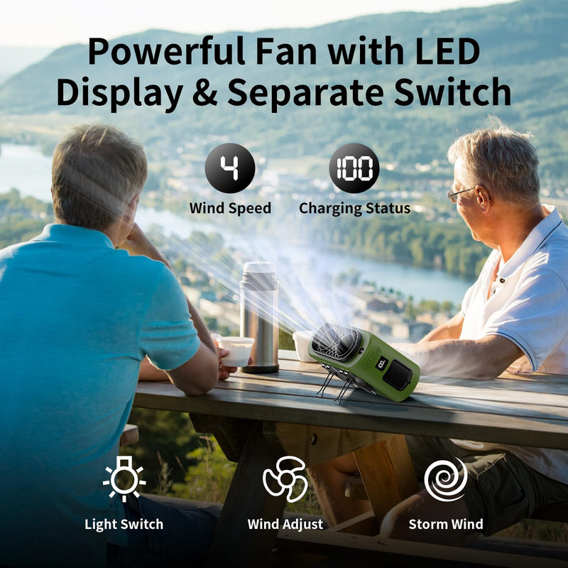 Socool 14500mAh Portable Waist Fan Clip On Wearable Belt Shirt Fan 5 Speeds with Dual Air Outlet & Flashlight Personal Hanging Neck Fans Battery Operated Rechargeable 40H Cooling For Camping Jobsite Green