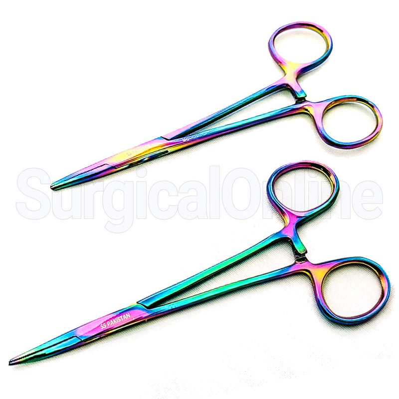 SURGICAL ONLINE Rainbow Hemostat Set - 5" Straight & Curved Mosquito Forceps - Stainless Steel, Locking Clamps for Medical, Fishing, Crafts & Hobby