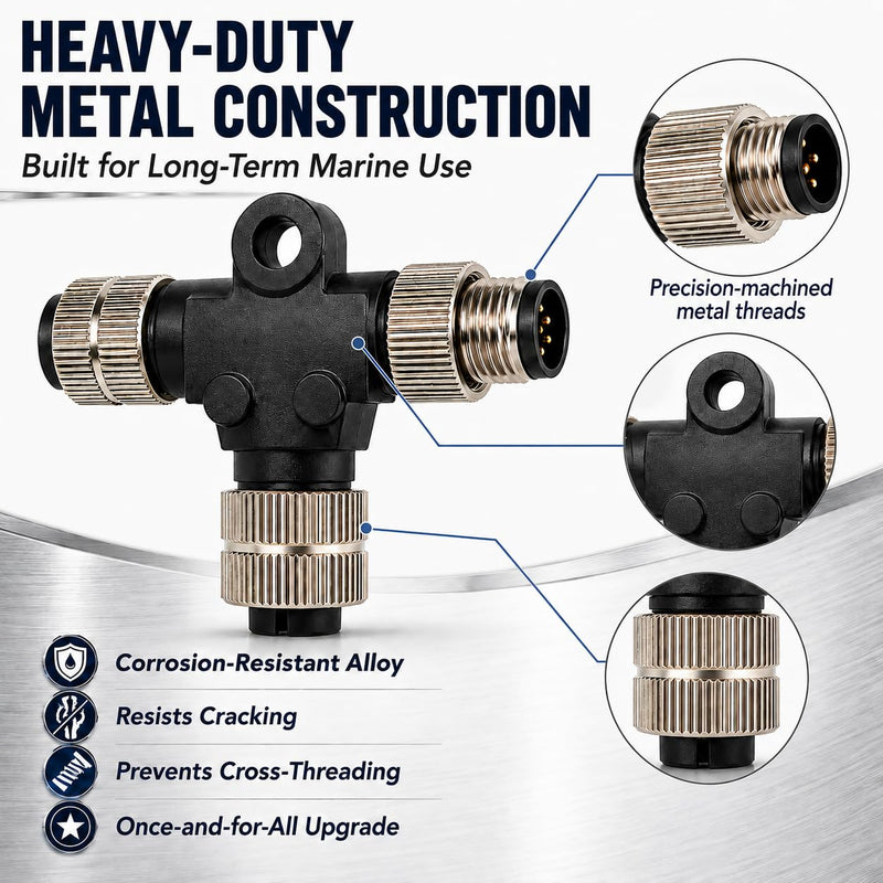 Metal Shielded NMEA 2000 T-Connector (Tee) – Upgraded Heavy Duty Marine Network Splitter with Corrosion-Resistant Brass Nuts, Compatible with Garmin Lowrance Simrad B&G Navico (3-Way) 3 way