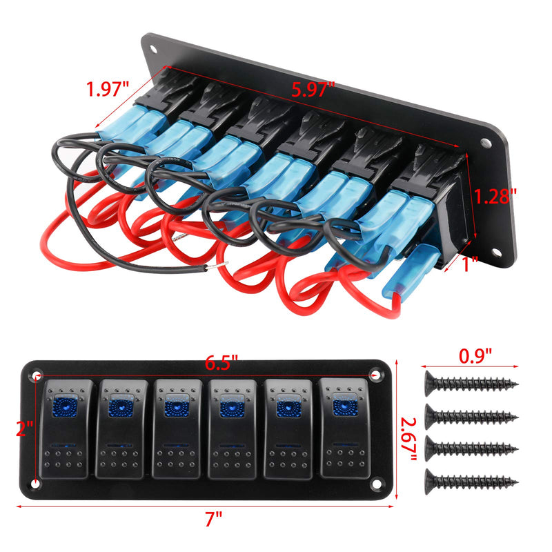 Amarine Made 12-24V Boat Switch Panel Illuminated Rocker Switch Aluminum Pre-Wired Panel 6 Gang Toggle Switches Dash 5 Pin ON/Off 2 LED Backlit for Bus Boat Car Marine Blue LED IP65 (6 Gang)