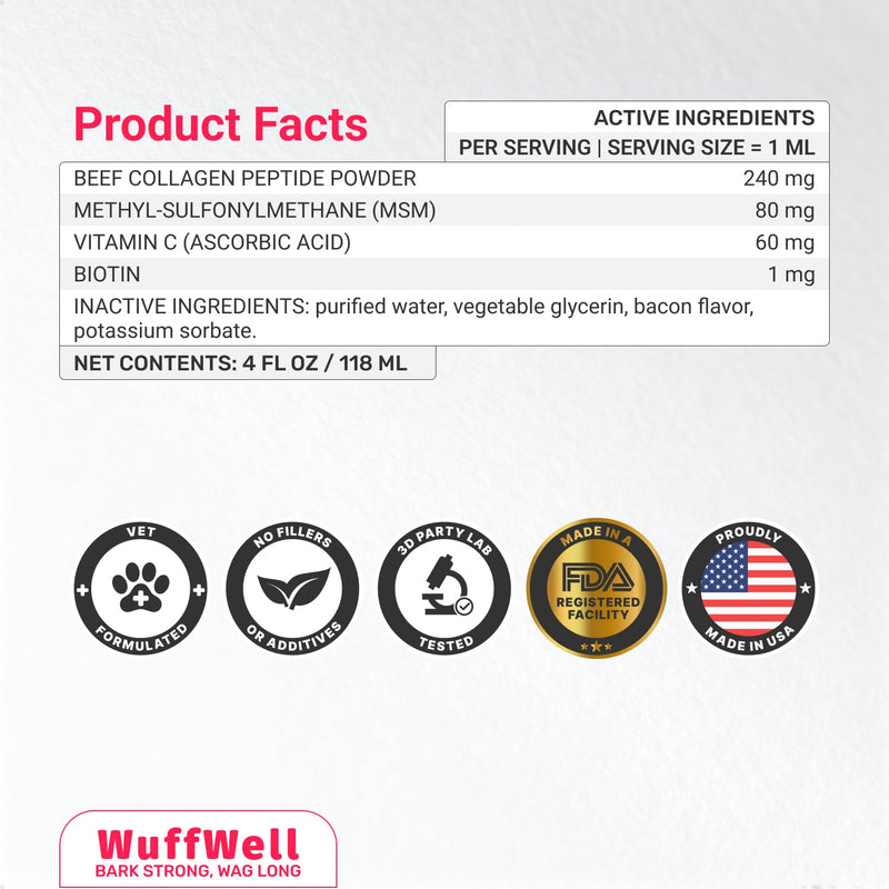 WuffWell Liquid Collagen for Dogs - Premium Dog Collagen Drops for Healthy Joints - Made in USA - Supports Skin & Coat Health - Easy to Administer for Dogs of All Breeds