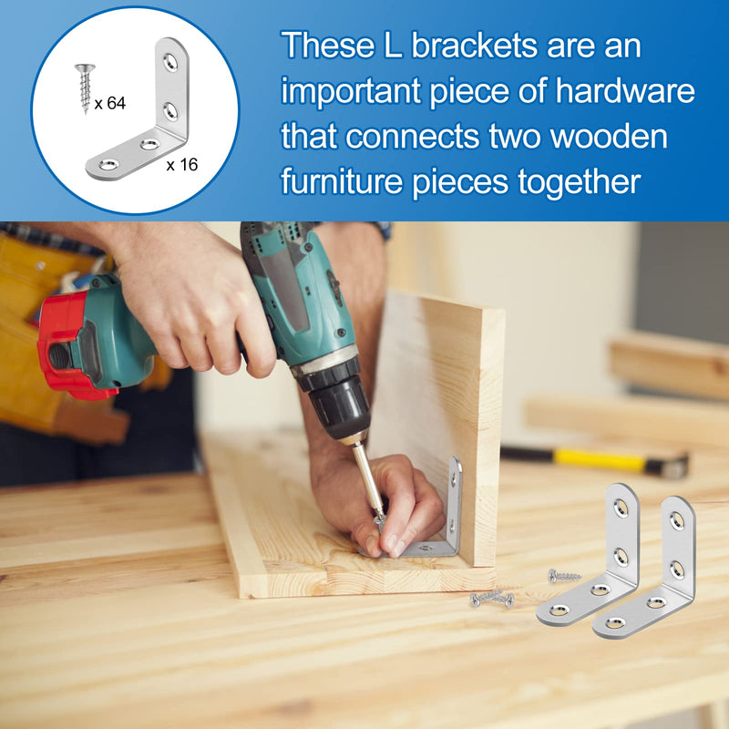 16 Pcs L Bracket Stainless Steel Corner Brace Sets, 90 Degree Right Angle Bracket with 64 Pcs Screws, L Bracket Firmware Can Be Used for Wooden Shelves, Chairs, Tables, Dressers, Furniture Silver - NewNest Australia