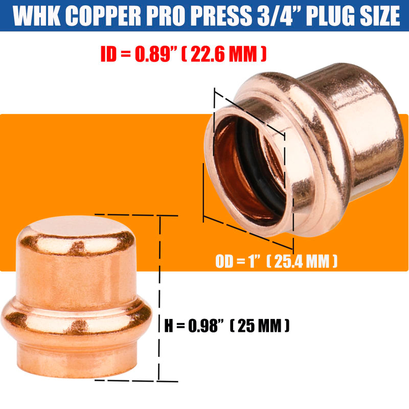 WHK 8 Pack 3/4 Inch Press Pro Copper End Cap Pro Press 3/4" Cooper End Plug Press Fittings Copper Pipe End Cap(Lead-Free)