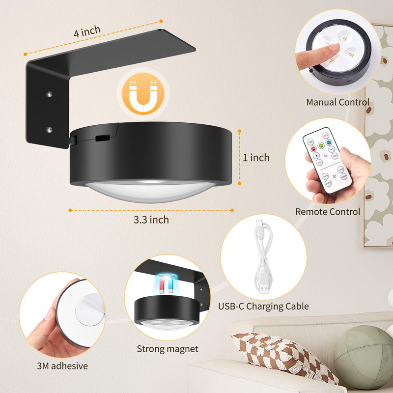 Brightown 2-Pack Picture Lights for Wall, Magnetic Art Display Picture Lights with Remote, 3 Lighting Modes Battery Operated Picture Light, Dimmable & Timer Art Wall Lights for Pictures, Black 2PACK