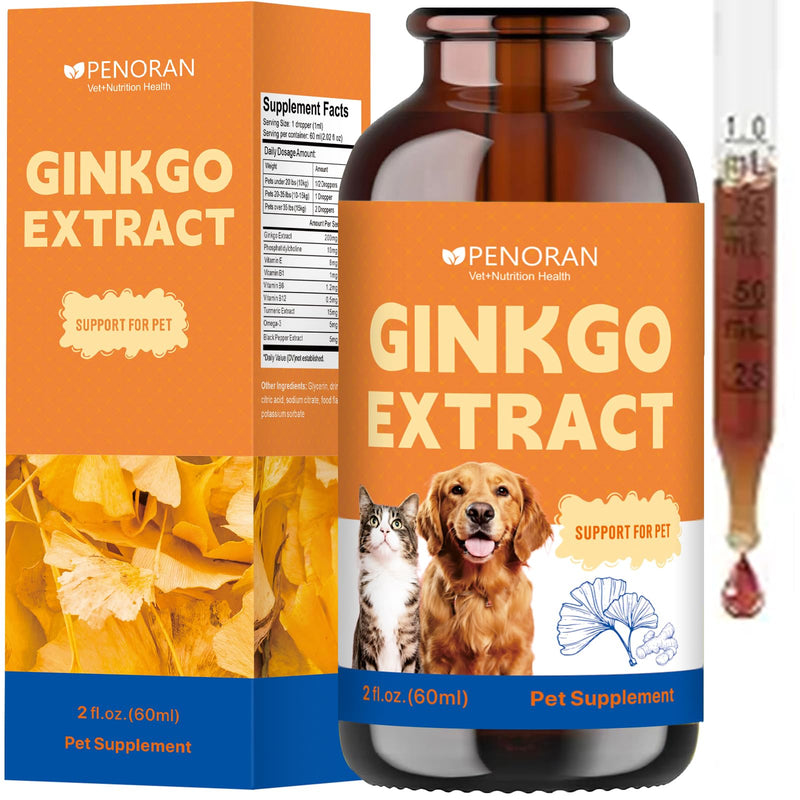 Ginkgo Brain & Heart Support Drops for Dogs, Senior Dogs & Cats Cognitive & Memory Support, Blood Pressure, Cholesterol, Fights Mental Fog, with Curcumin & Lecithin & Multivitamins ﻿