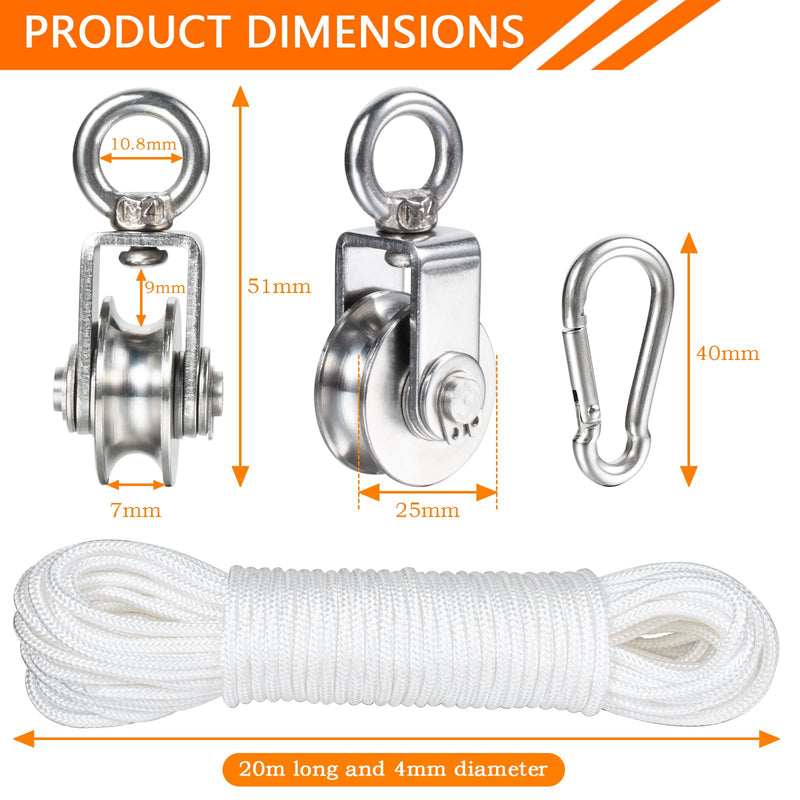 Stainless Steel Small Pulley M25, 20m Nylon Rope and 2pcs Clips for Outdoor DIY Pulley System, Bird Feeder, Sun Shade, Tent Poles, Kayak