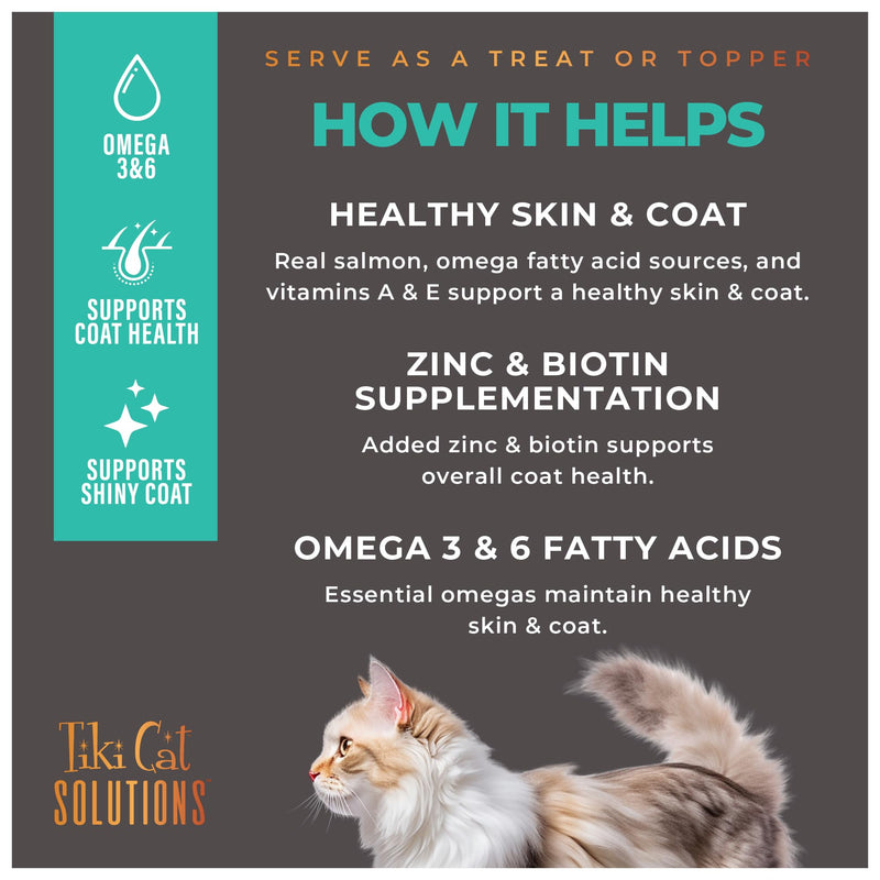 Tiki Cat Solutions Supplements Skin & Coat Mousse, Salmon in Broth, Formulated with Omega Fatty Acids, Functional Cat Food Supplement, 5.6 oz. Pouch (Pack of 20)