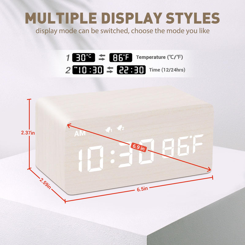 MOSITO Digital Wooden Alarm Clock with Wireless Charging, 0-100% Dimmer, Dual Alarm, Weekday/Weekend Mode, Snooze, Wood LED Clocks for Bedroom, Bedside, Desk, Kids (White) White