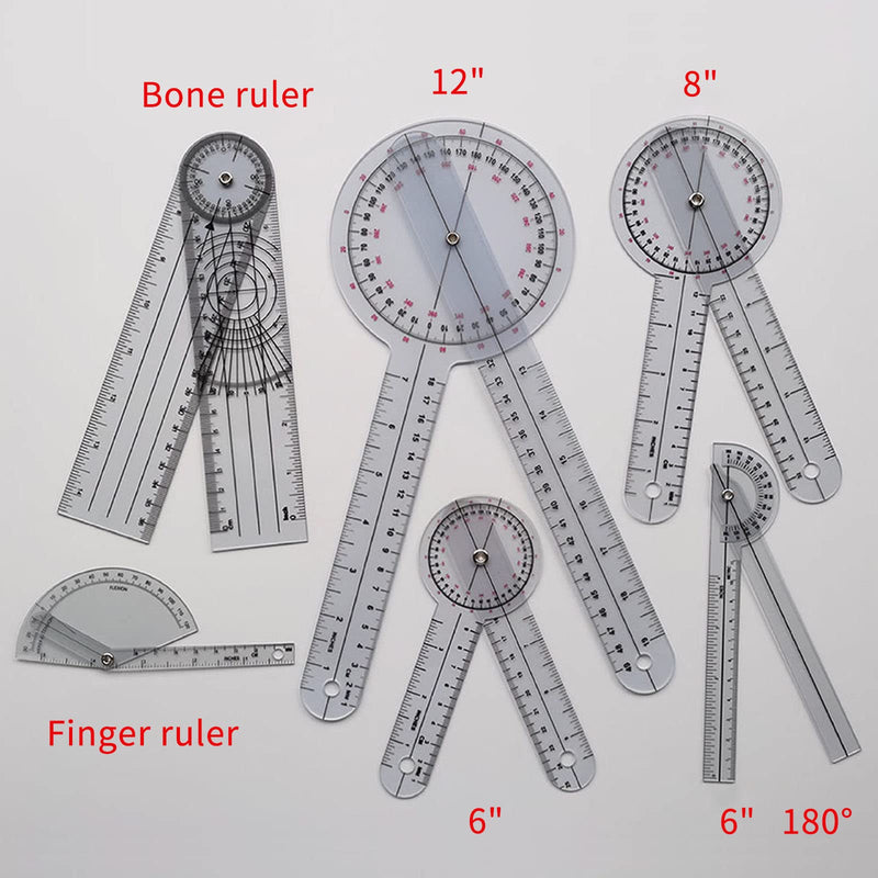 Goniometer Set of 6 with Bag,360°Goniometer Set-Including 6/8/12 inch Goniometer, 8 inch Spinal Goniometer, 6 inch 180°Goniometer & Finger Goniometer