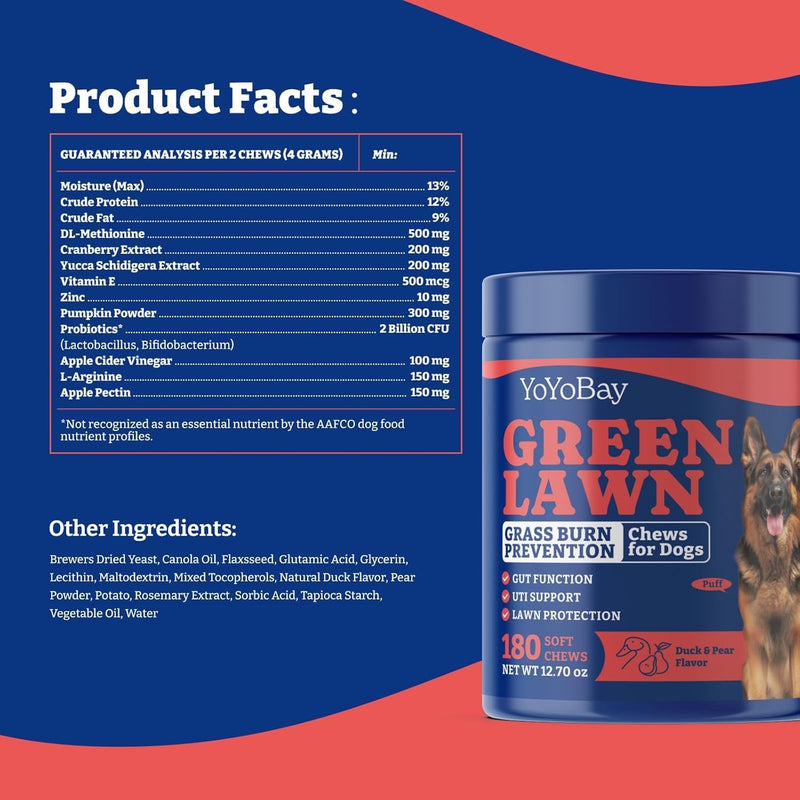 Dog Urine Neutralizer for Lawn - 180 Chews Grass Savers for Dog Urine, Green Grass Dogs Chews with DL-Methionine, Dogs Pee Grass Neutralizer for All Breeds Ages (180ct Green Lawn) 180ct green lawn