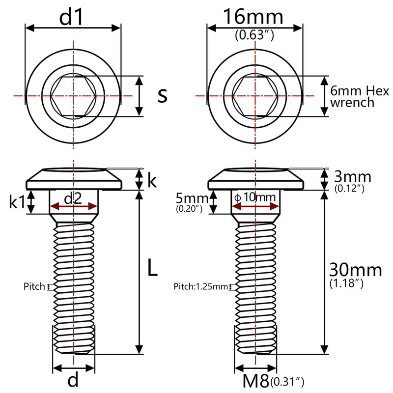 Titanium Ti Motorcycle Brake Rotor Hexagon Socket Bolt Screw M8 x 30 33mm for Kawasaki Pack of 6 (Rainbow, M8x30mm) Rainbow