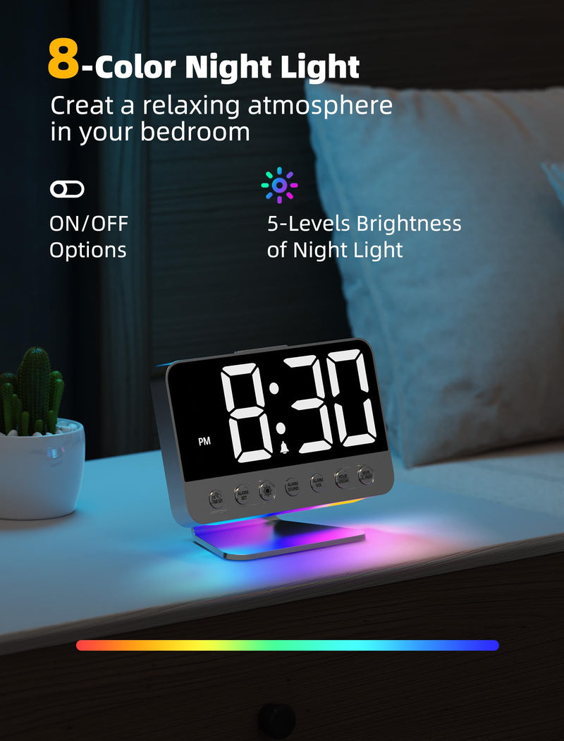 Digital Alarm Clocks for Bedrooms: Large Bold Number 5 Brightness Dimmer - Easy to Read Across The Room - 5 Alarm Sound 8 Night Light - Silver Silver - White Digits