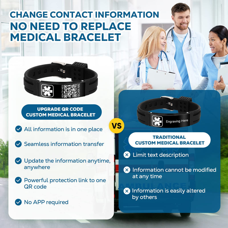 Medical Bracelets for Men Women with QR Code Medical Alert ID Bracelets for Sport Travel - Silicone Waterproof Wristband Fits Wrists Up to 8 inches - More Space Custom Emergency Medical ID Alert Information 9.45'' Folding Buckle - Black+Black