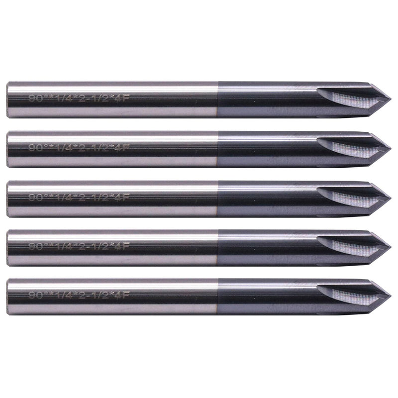 4 Flute 90° Solid Carbide Chamfer End Mill Set(5Pcs, 1/4"), AlTiN Coated | 90° Chamfer Angle, 1/4" Shank 2-1/2" OAL, Single End, V Groove Router Bit, for Milling Alloy Steel, Carbon Steel, Cast Iron 1/4 in 5