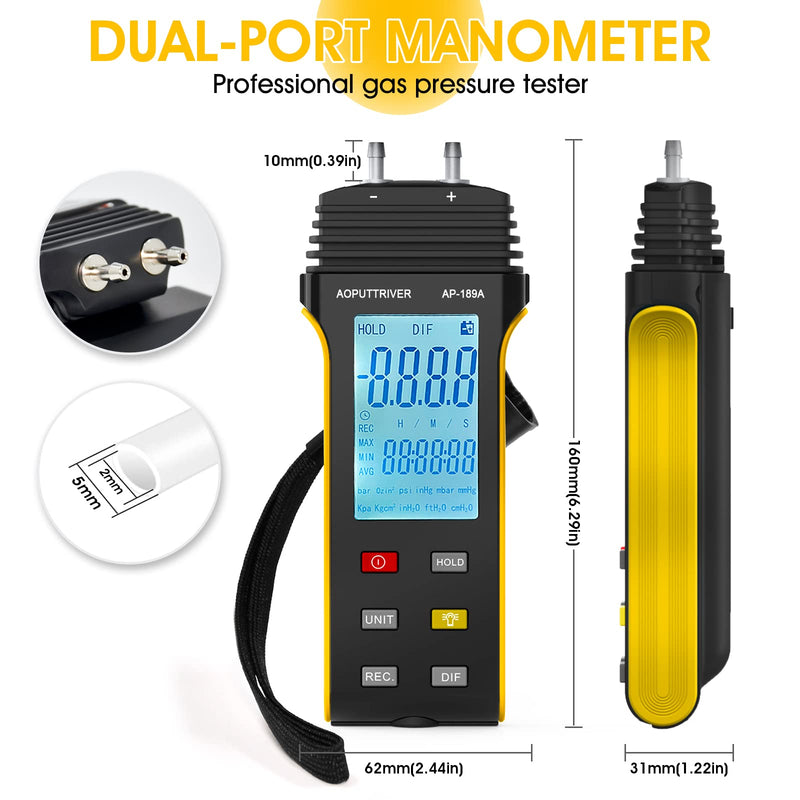 Manometer, AP-189A Professional Gas Pressure Tester, Dual-Port Manometer Air Pressure Meter, 11 Selectable Units Differential Pressure Gauge, HVAC Digital Manometer with Backlight Data Record AP-189A（6Psi）