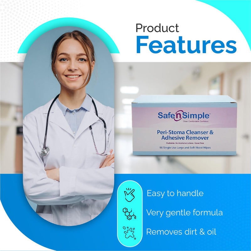 Safe n' Simple Adhesive Remover for Skin - 5"x7" 50 Wipes - Stoma Adhesive Remover Wipes - Alcohol Free Wipes for Sensitive Skin - No Sting Adhesive Remover Wipes 50 Count (Pack of 1) Alcohol-Free