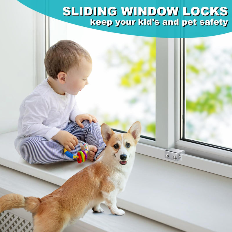 Sliding Window Locks (6 Sets), Security Window Locks with Keys, Adjustable Aluminum Sliding Window Stops, Easy Installation Without Drilling, for Vertical and Horizontal Sliding Windows (Silver) 6 Set Double Lock Silver