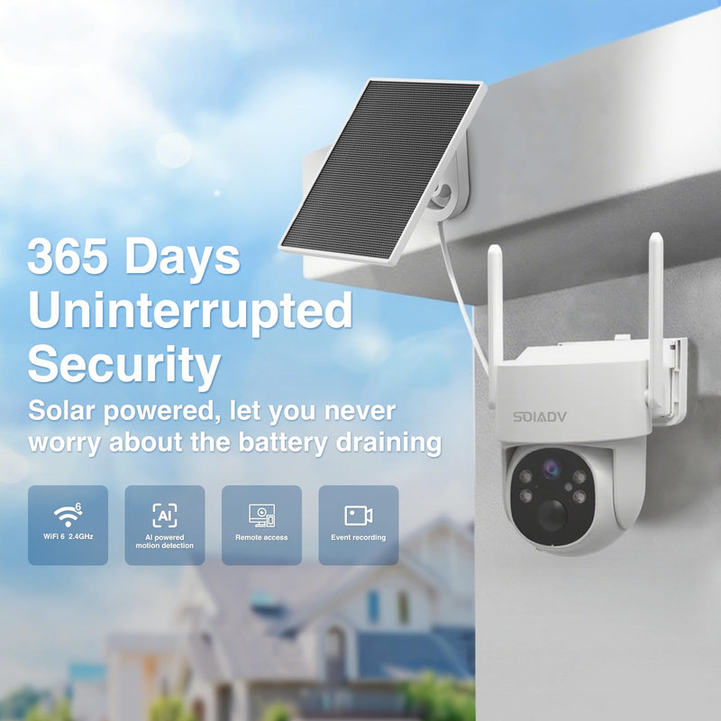 SOIADV Solar Camera for Home Security-2.4G WiFi Outdoor 2K Camera Wireless Battery Powered with Solar Panel, 360° Viewing, Two-Way Talk, Color Night Vision, with SD Storage, SC03W