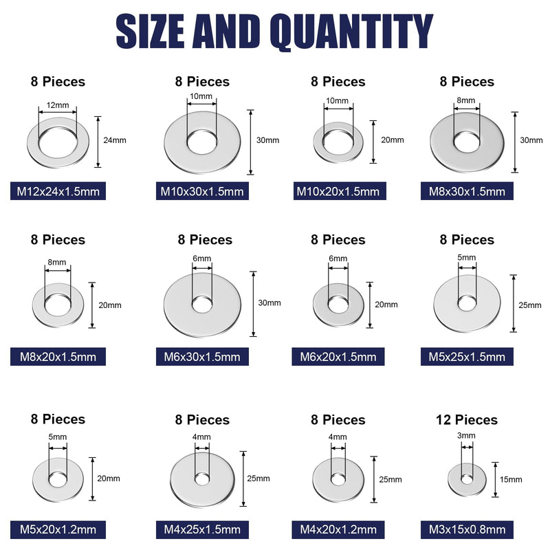 18-8(304) Stainless Steel Metal Flat Washers for Screws and Bolts, 100 Pieces Assorted Washers Kit (12 Sizes M3-M12), Large and Small Hardware