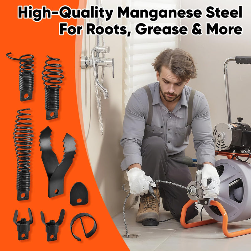 8-Piece Drain Snake Kit for 5/16" to 3/4" Cables – Heavy-Duty Manganese Steel Cutters for Roots, Grease & Stubborn Clogs – Includes Storage Case & Metal Ring 8-piece