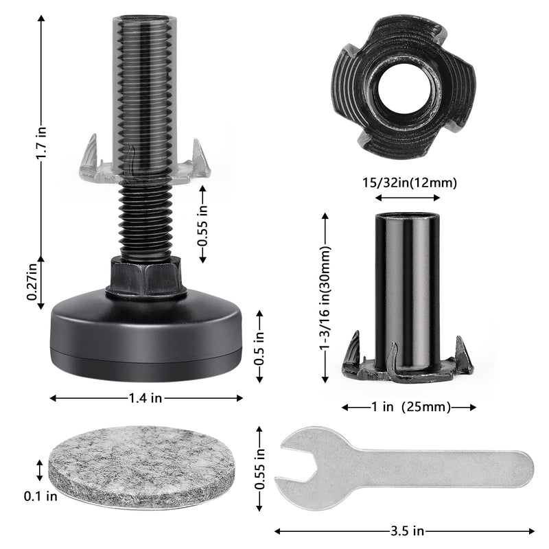 Heavy Duty Furniture Leveling Feet M10 Thread Furniture Levelers Adjustable Furniture Feet w/ T-nut Kit Table Levelers for Cabinet Workbench Chair Sofa and More,Large Base Supports 1320LBs-4 Packs 4 Packs Black