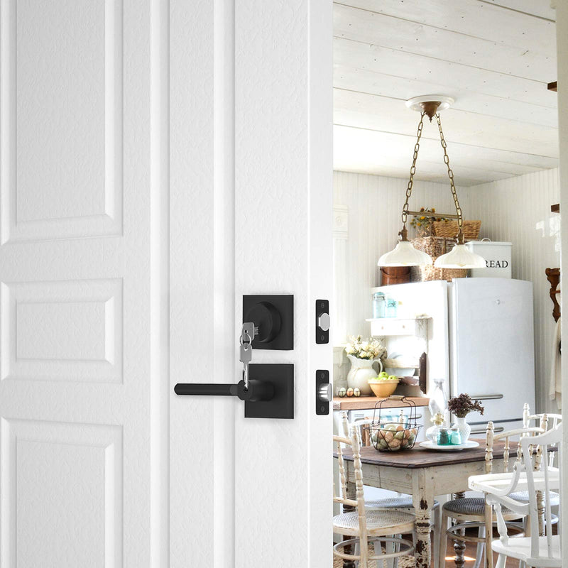 HOSOM Matte Black Entrance Door Lock Set with Single Cylinder Deadbolts, Heavy Duty Modern Sleek Square Door Handle with Lock & Keys on Both Sides