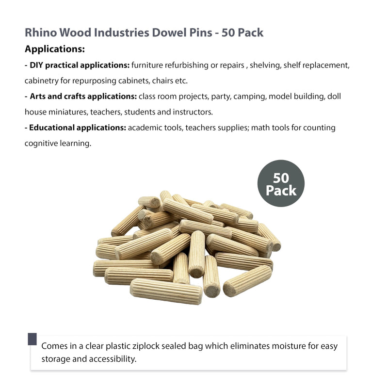 1/2" x 2" - 50 Pack Wooden Dowel Pins - Kiln Dried, Fluted, and Beveled (1/2" x 2", 50pk) 1/2" x 2"
