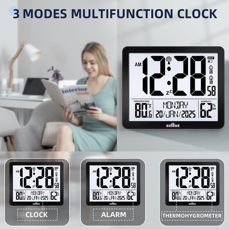 Atomic Digital Wall Clock Battery Operated with Backlight, Desk Clocks with Indoor Temperature & Humidity, 8.5" Small Alarm Clock with Date and Day of Week for Bedrooms, Living Room, Auto DST, Black