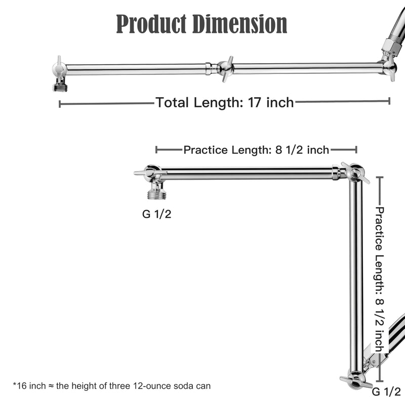 16 inch Dual Extension Extra Long Adjustable Shower Head Extension Arm With Locking Set Screw, Singing Rain Brass Angle Height Adjustable, G1/2 Universal Connector Compatible (Chrome Finish) Chrome