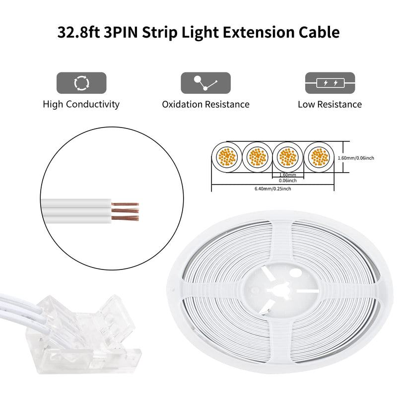 RGBZONE 3 Pin 10mm LED Connector Kit with 32.8ft 3 Pin Extension Cable and 10 Pcs 3 Pin LED Strip to Wire Connectors for 10mm IP20/IP65 SMD 5050 Dream Color LED Strip Light WS2811 WS2812B 3pin 10mm kit