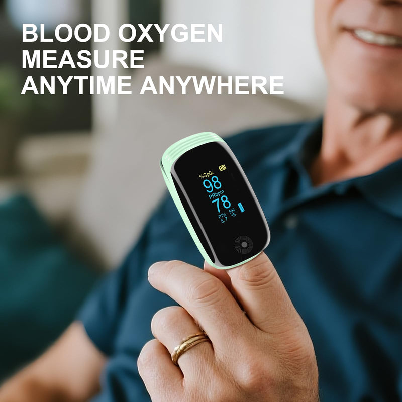 Fingertip Pulse Oximeter with Respiration Rate Monitoring, PI & RR Measurements, Rechargeable Blood Oxygen Monitor with Heart Rate and Fast Spo2 Reading, Pulse Ox with OLED Display, 6 View Modes & Auto-Rotating Screen (Green)