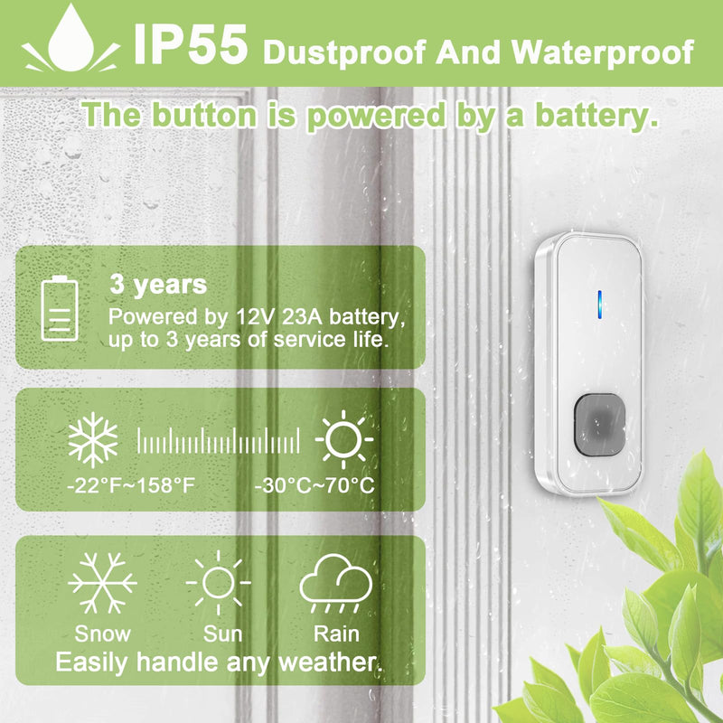 SURFOU Wireless Doorbell,Waterproof Doorbell 2 Push Buttons 2 Plug in Receivers at 1300ft Long Range Door Bell with 55 Chimes 5 Volume Levels Mute Mode LED Flash Wireless Door Bells for Home Classroom 2 transmitters + 2 receivers