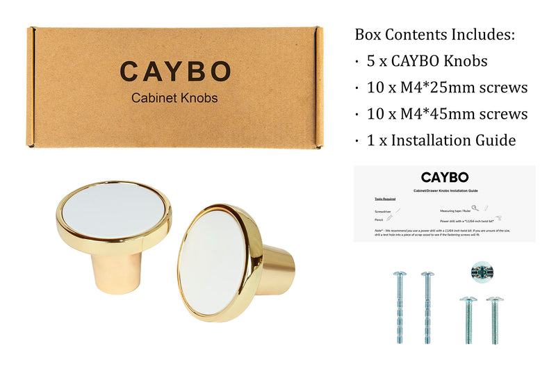 CAYBO 5 Pack 1-1/4 Inch 32mm Round Shiny Gold with White Knob for use on Your Dresser, Drawer, Kitchen, Office and Bathroom cabinets. Gold White