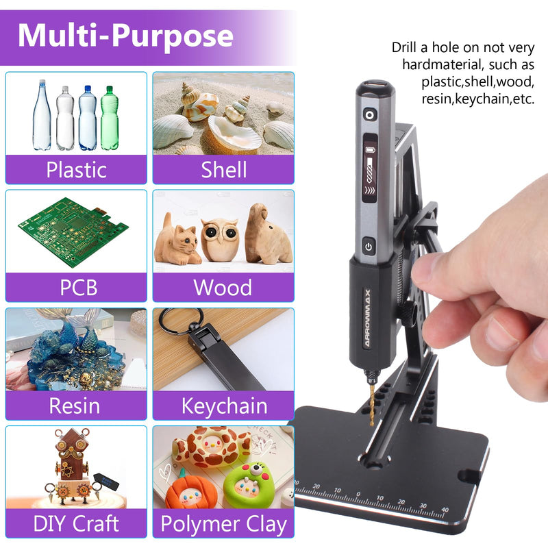 AM ARROWMAX 5-Speed Mini Electric Drill Pen with Benchtop Press, 10 Small Bits with Aluminium Box, LED Lights, OLED Display, Resin Drill Set For Jewelry Making, Plastic, Wood SDS PLUS