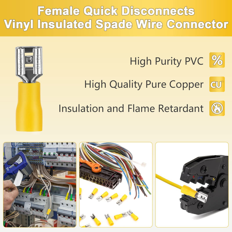 200 Pcs Yellow Female Quick disconnects Vinyl Insulated Spade Wire Connectors, Electrical Crimp Terminal 12-10 AWG (6.3mm) Yellow(12-10 AWG)