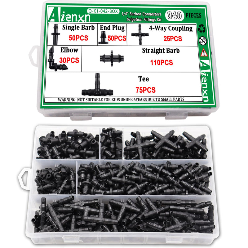 340PCS 1/4" Drip Irrigation Kit Barbed Connectors, Straight Barb, Tee, Single Barb, End Plug, Elbow, 4 Way Coupling Irrigation Fittings for Garden Lawn Flower Pot 340pcs