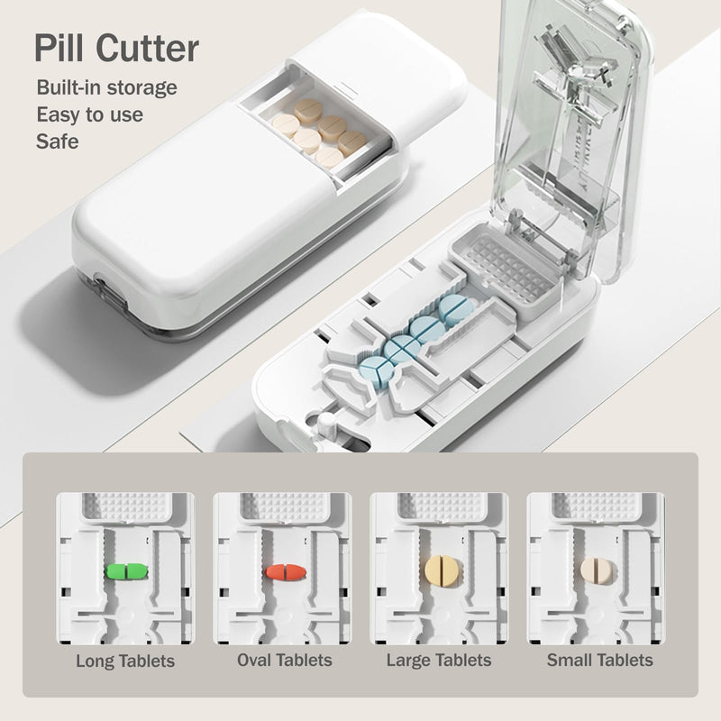 Portable Pill Cutter for Small & Large Pills, Cuts Multiple Tablets, 3-in-1 Professional Pill Splitter Cuts into 1/4, 1/3 & 1/2, with Storage Box, Ideal for Seniors & Travel Use (White) White